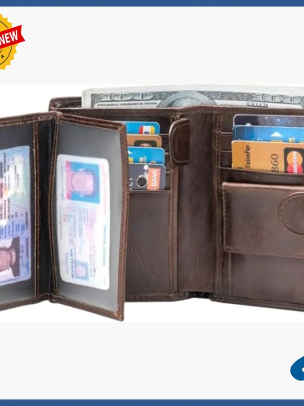 Large RFID Blocking Genuine Leather Trifold Wallet with Snap Closure